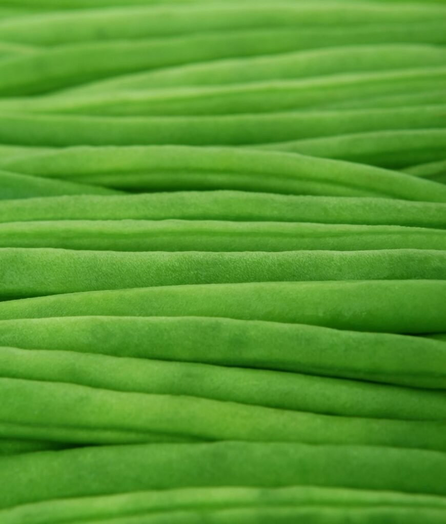 Detailed close-up of fresh green beans showcasing their natural pattern and texture.